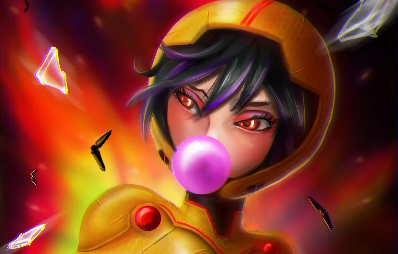 Photo wallpaper girl, bubbles, costume, Disney, superhero, gum, Go Go, Go Go Tomago