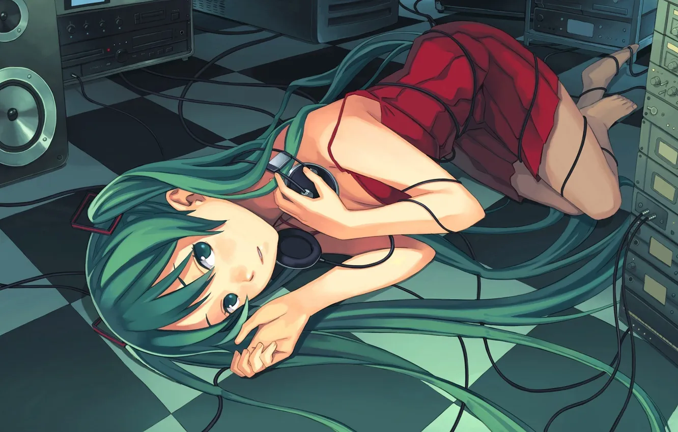 Photo wallpaper girl, wire, dynamics, headphones, lies, vocaloid, hatsune miku