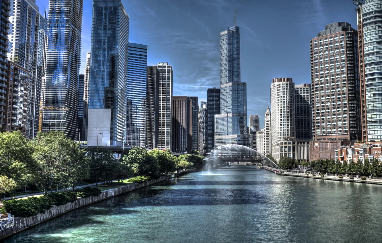 Photo wallpaper river, skyscrapers, Chicago, USA, Chicago, Illinois