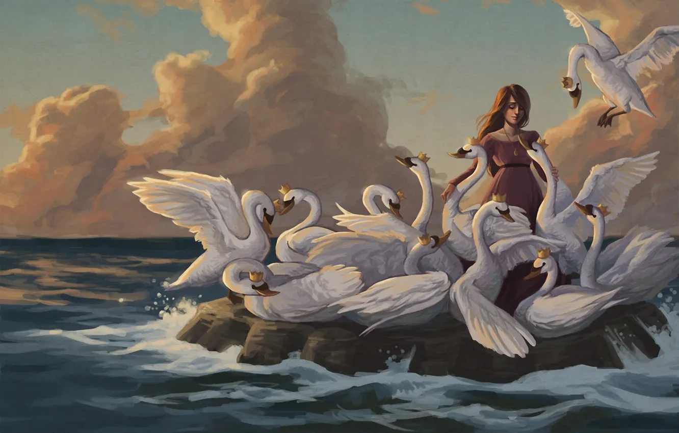 Photo wallpaper tale, girl, brothers, crown, the wild swans