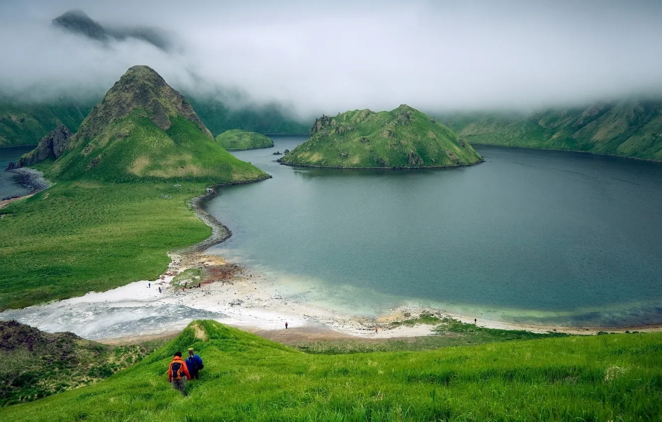 Photo wallpaper HILLS, GRASS, WATER, MOUNTAINS, PEOPLE