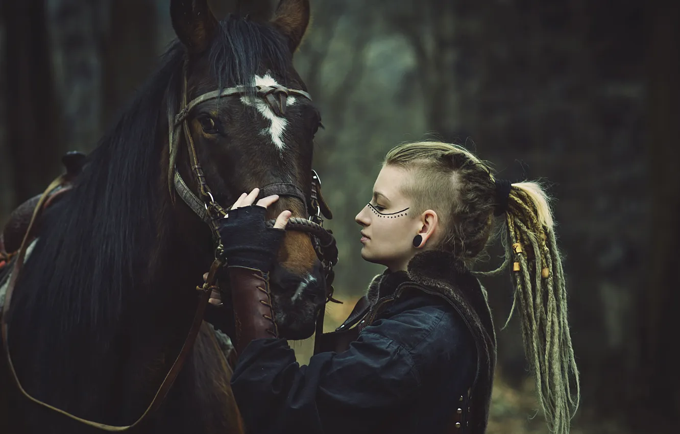 Photo wallpaper look, girl, nature, style, the dark background, each, horse, horse