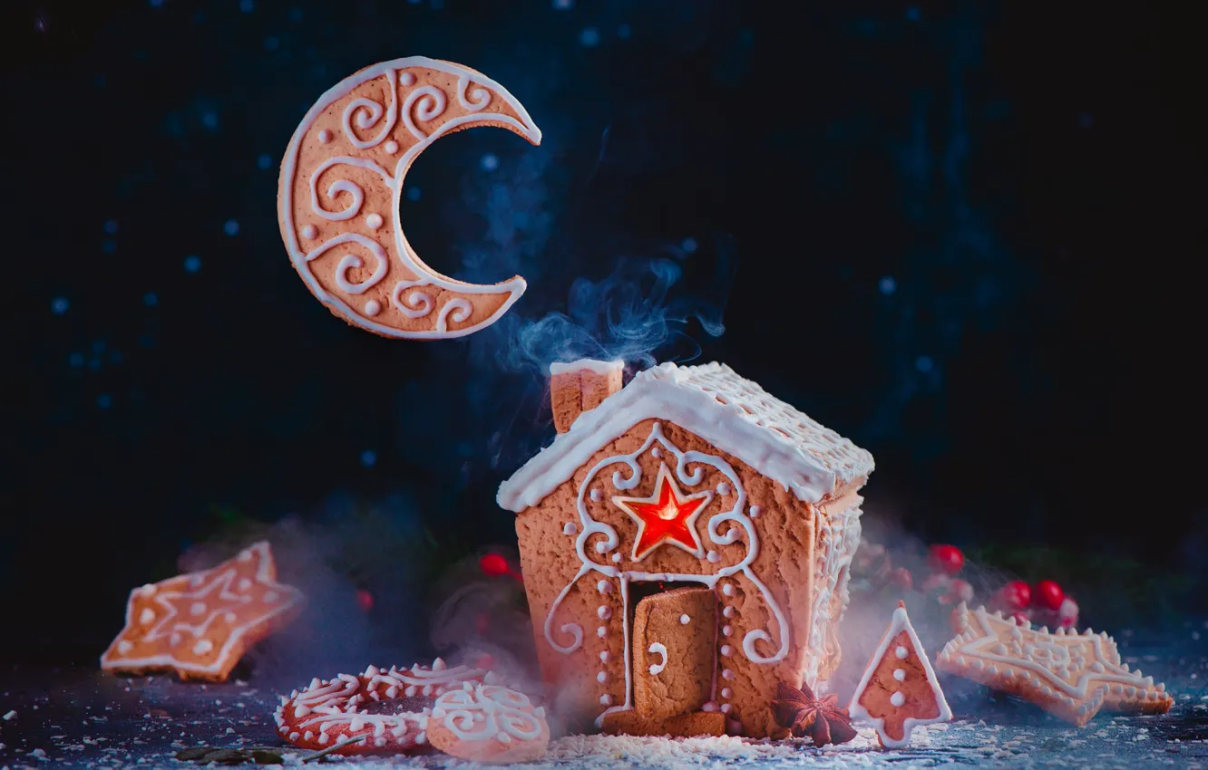 Photo wallpaper the moon, cookies, Christmas, house, cakes, gingerbread