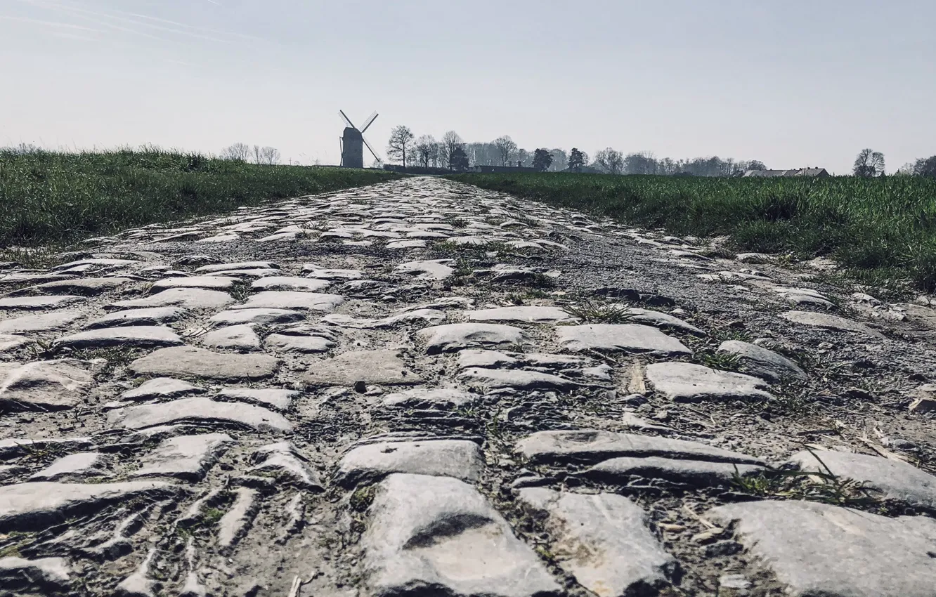 Photo wallpaper road, field, France, pavers, mill, The Friends of Paris-Roubaix