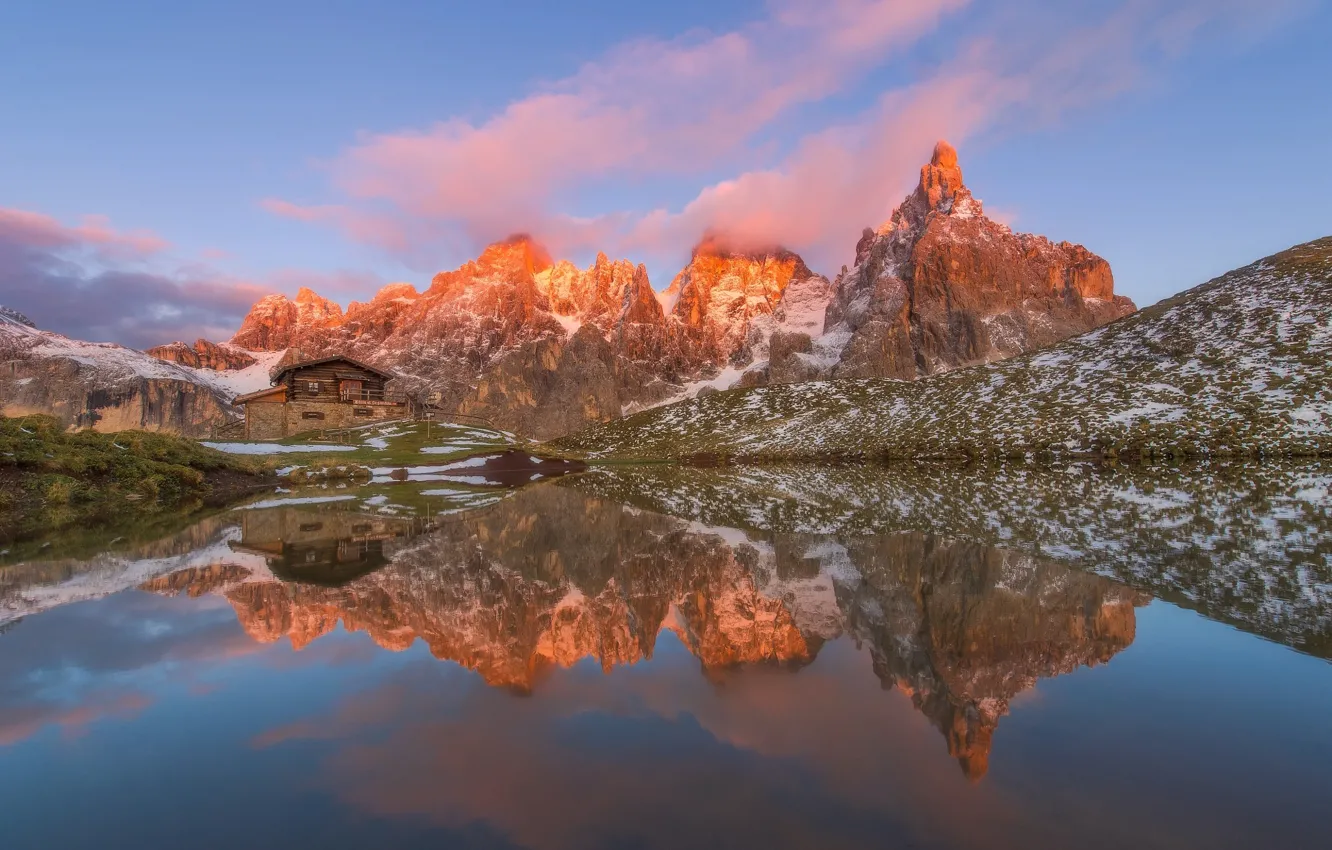 Photo wallpaper clouds, mountains, reflection, hut, home, cottage, hut