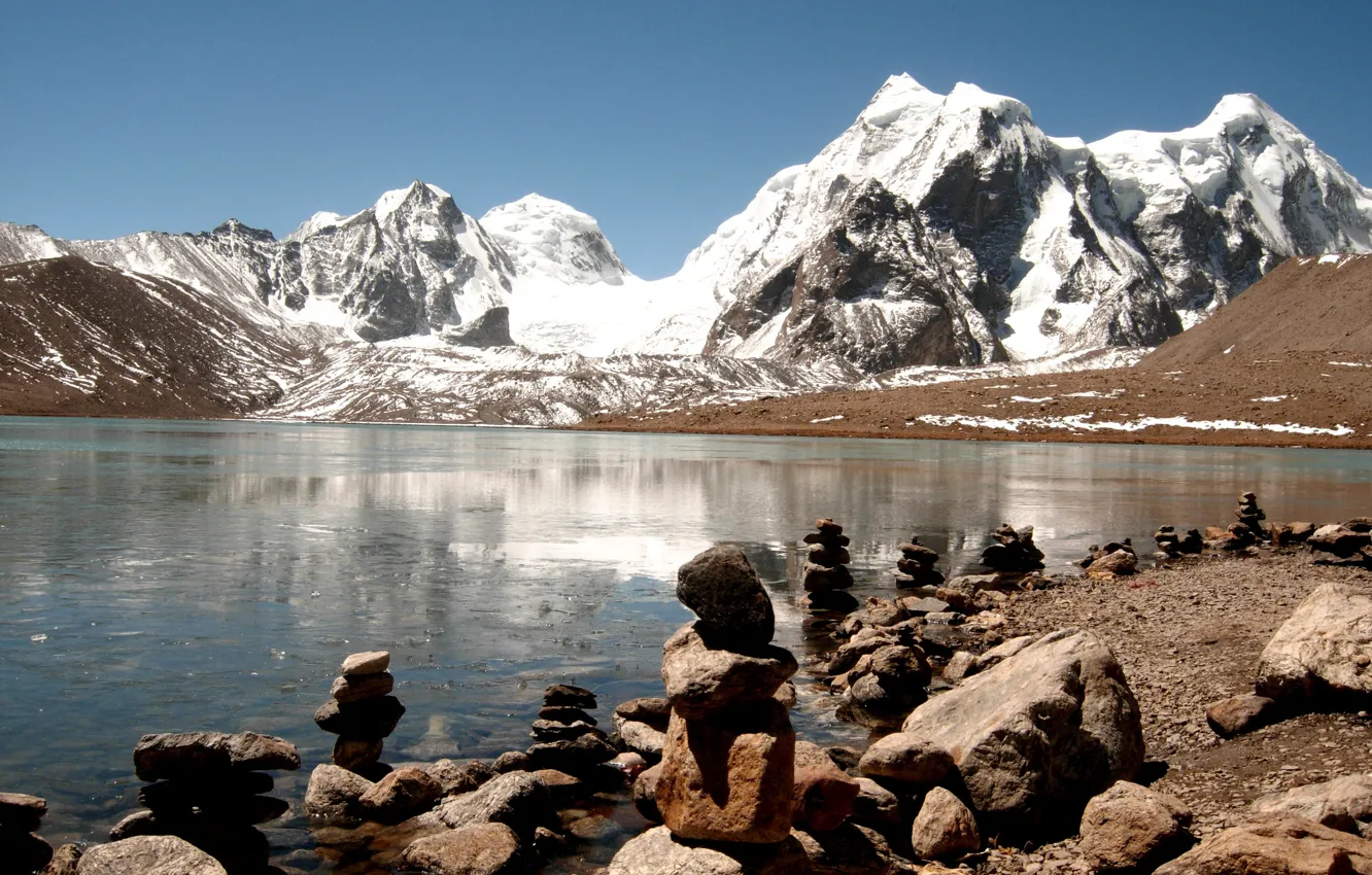 Photo wallpaper ice, lake, stones, India, prayer, The Himalayas