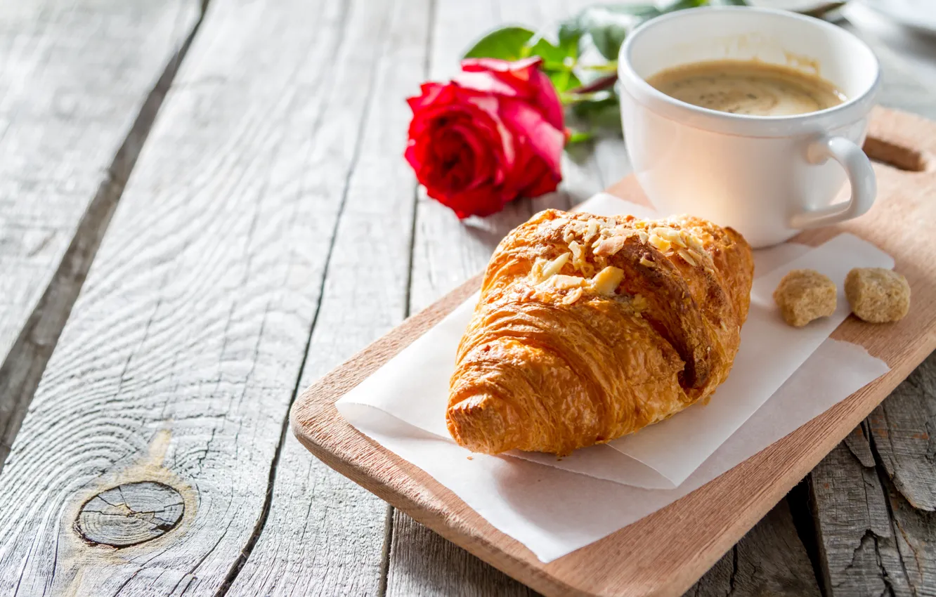 Photo wallpaper rose, coffee, croissant, Naumenko Oleksandra