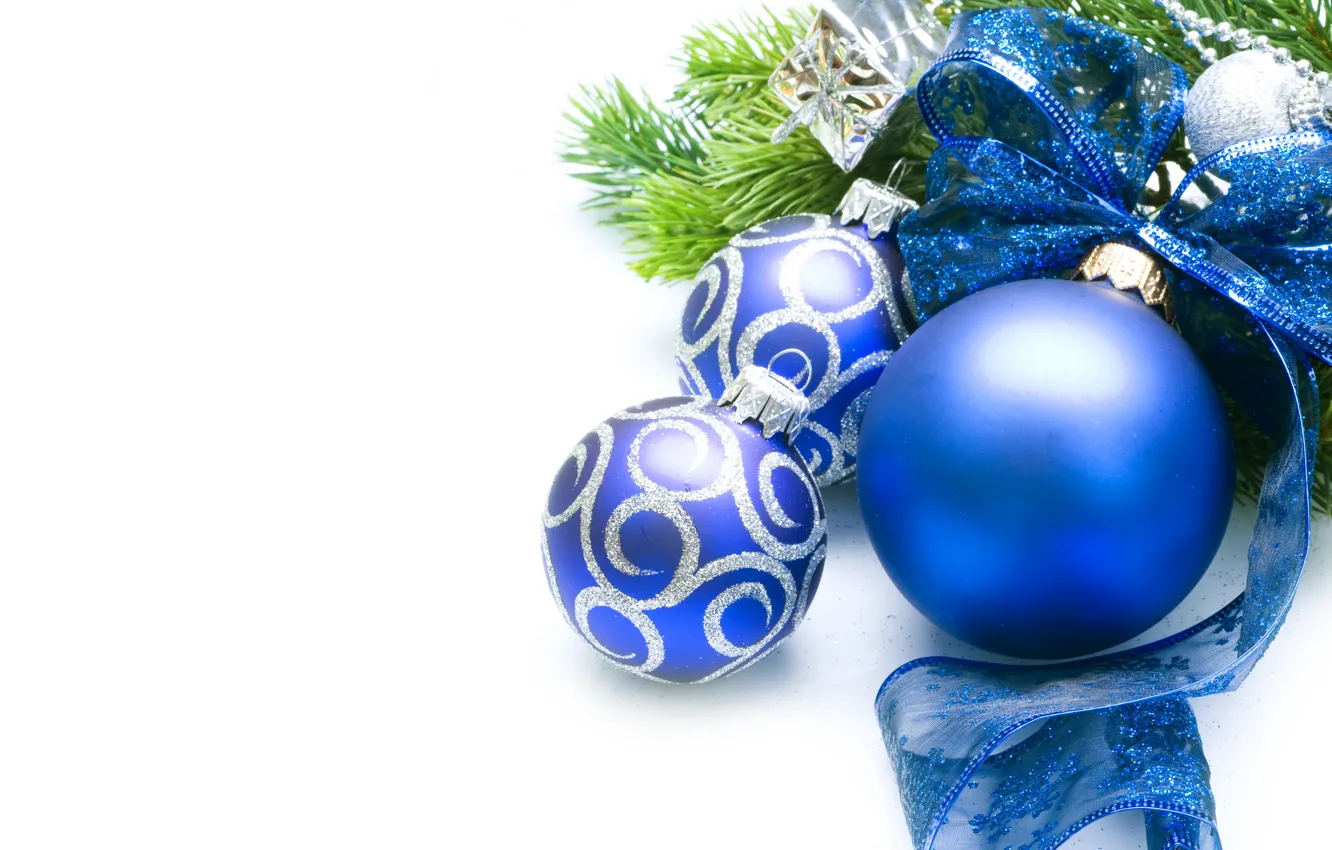 Photo wallpaper holiday, balls, toys, tree, New year, bow, blue, New Year