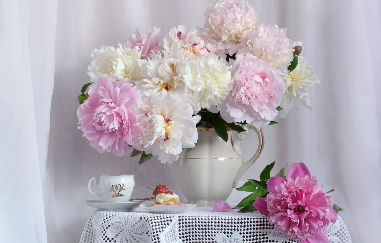 Photo wallpaper bouquet, Cup, cake, peonies