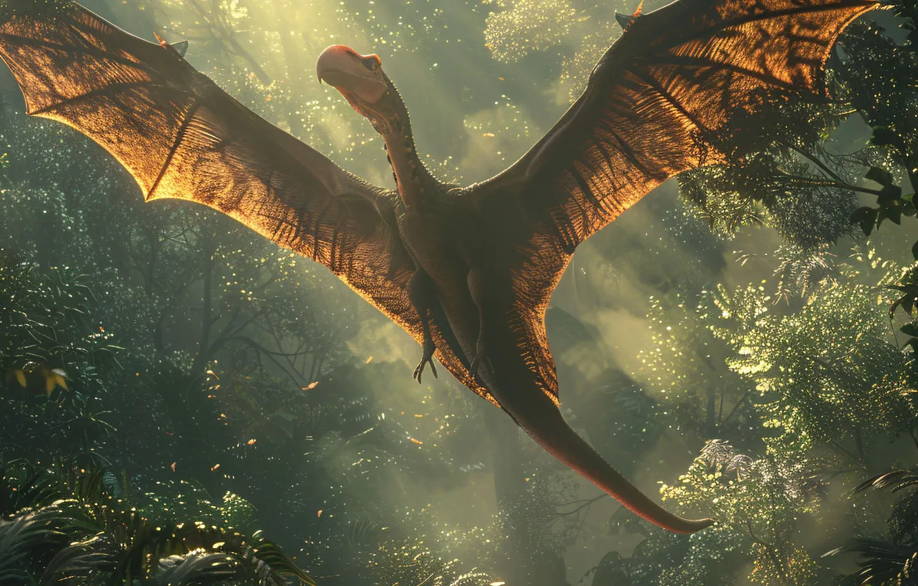 Photo wallpaper flight, animal, wings, dinosaur, jungle, the rays of the sun, pterodactyl, digital art