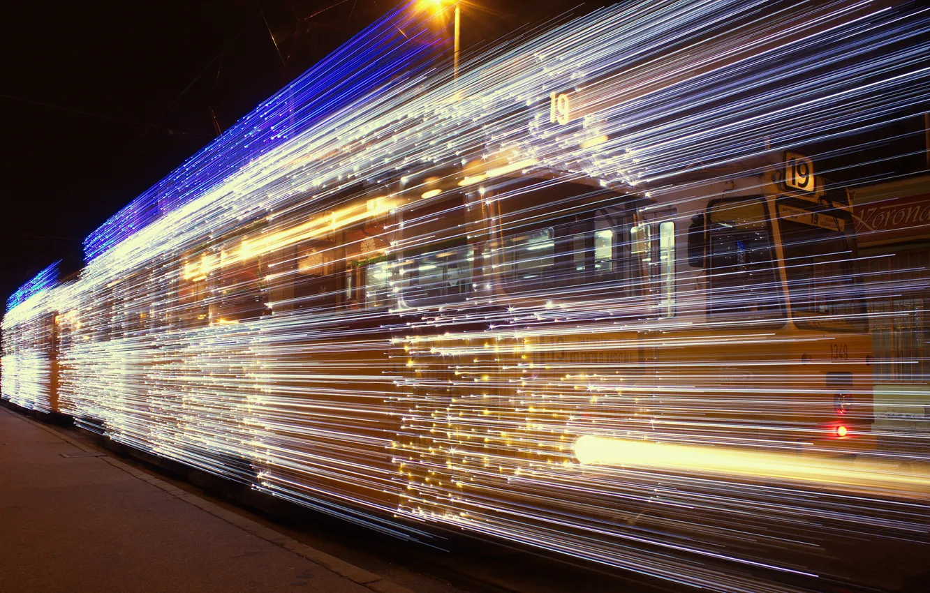 Photo wallpaper light, Christmas, tram, Hungary
