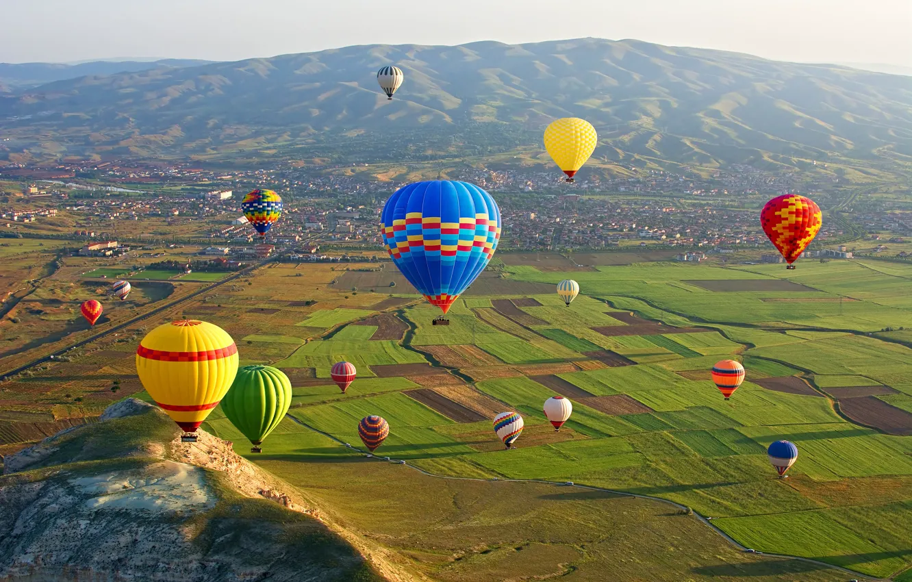Photo wallpaper field, the sun, mountains, balloons, home, valley, panorama, Turkey
