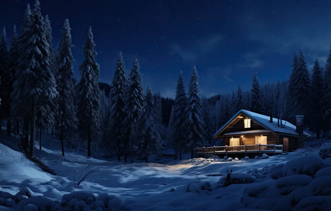 Photo wallpaper winter, forest, snow, mountains, night, nature, house, house
