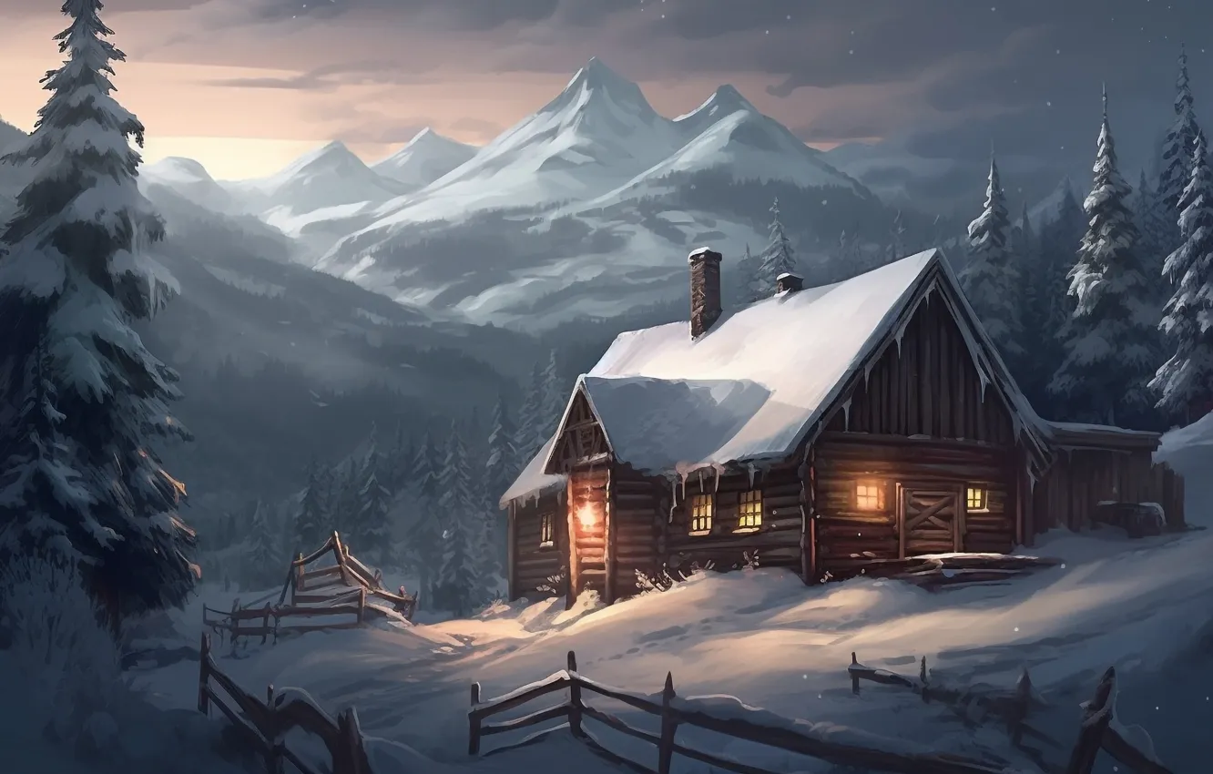 Photo wallpaper winter, forest, light, snow, trees, mountains, night, nature