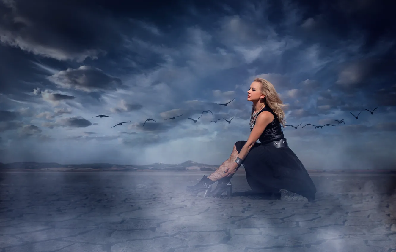 Photo wallpaper the sky, girl, pose, bird, hair, sitting, Arif Mounted