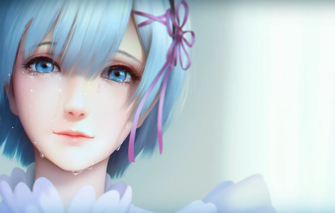 Photo wallpaper girl, face, smile, anime, tears, art, tape, rem