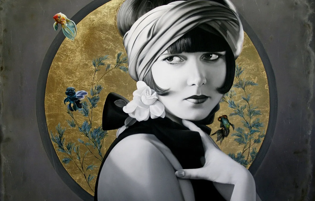 Photo wallpaper girl, fish, retro, background, art, Christiane Vleugels