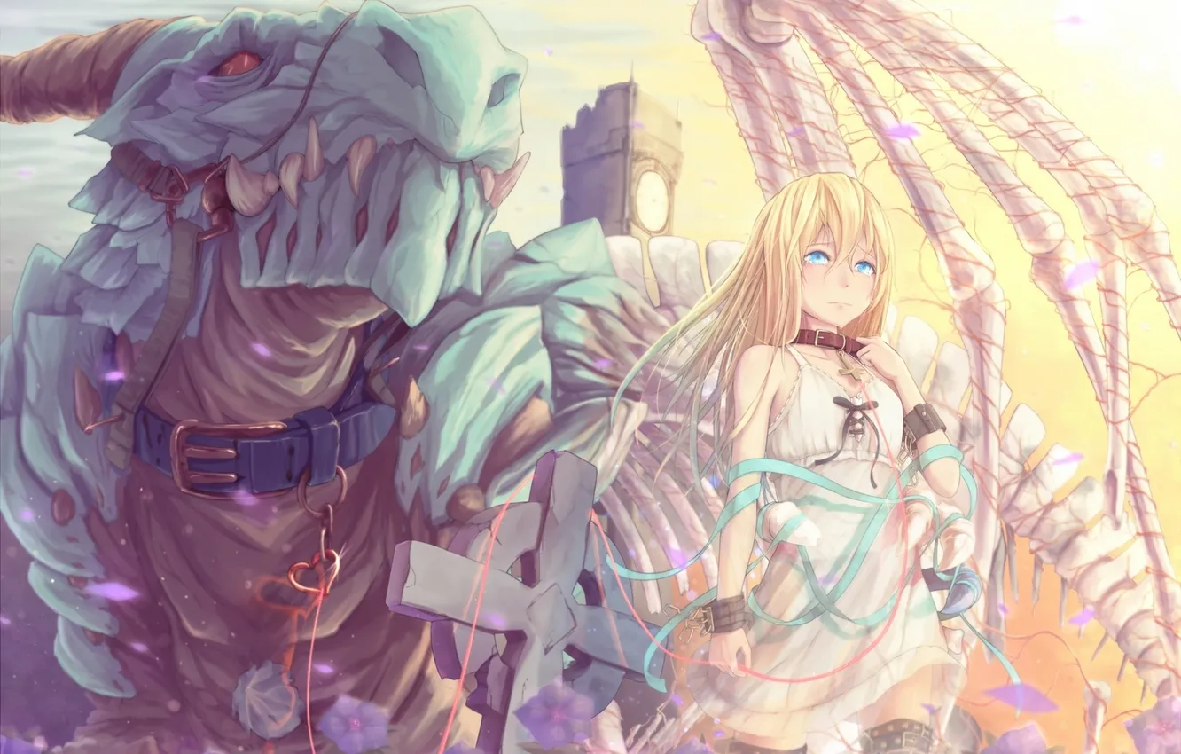 Photo wallpaper girl, dragon, wings, cross, anime, art, bones, tape