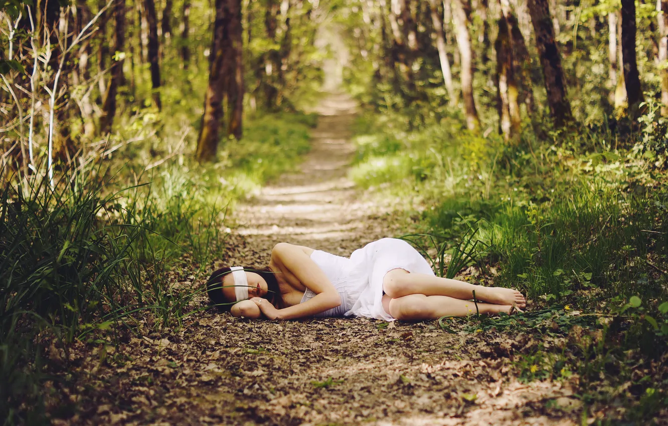 Photo wallpaper forest, grass, girl, headband, path