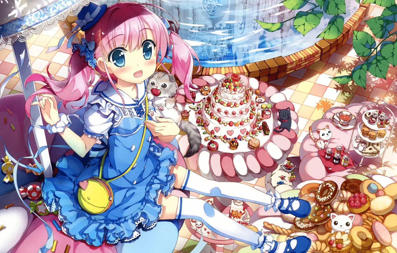 Photo wallpaper cats, candy, girl, sweets, cake, pink hair, takuya fujima