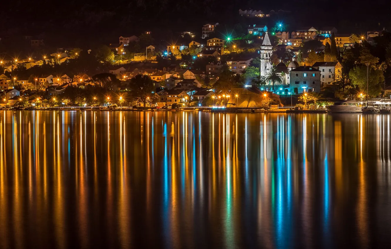 Photo wallpaper night, the city, lights, river, Montenegro, Kotor