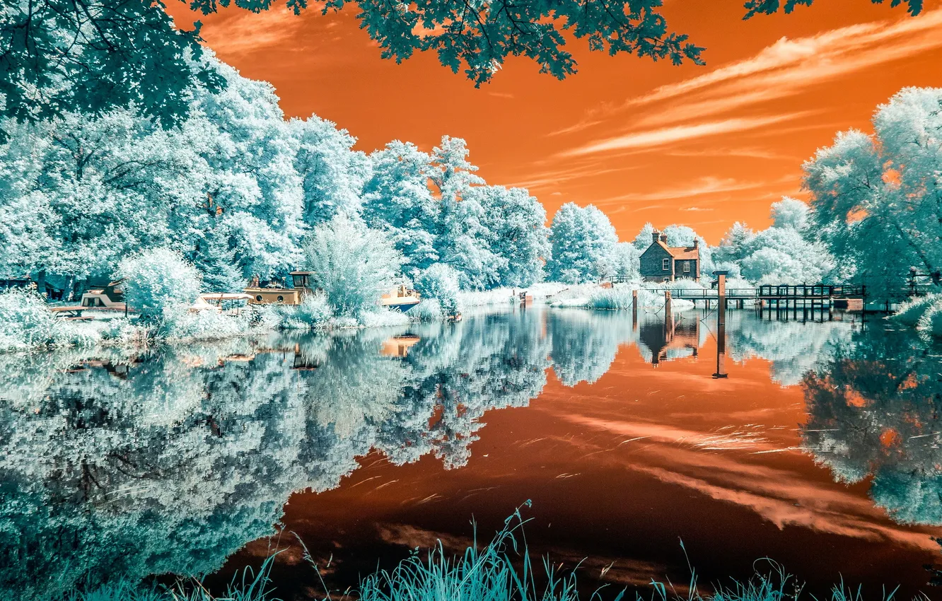 Photo wallpaper landscape, bridge, nature, lake