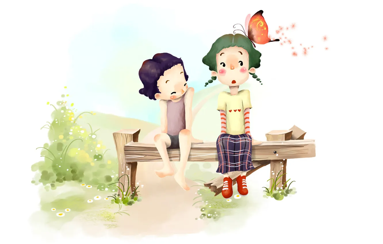 Photo wallpaper grass, children, butterfly, figure, positive, boy, girl, shop