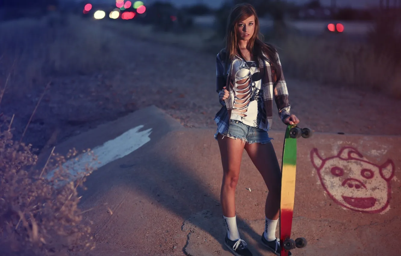 Photo wallpaper girl, lights, shorts, the evening, brunette, girl, shirt, skate