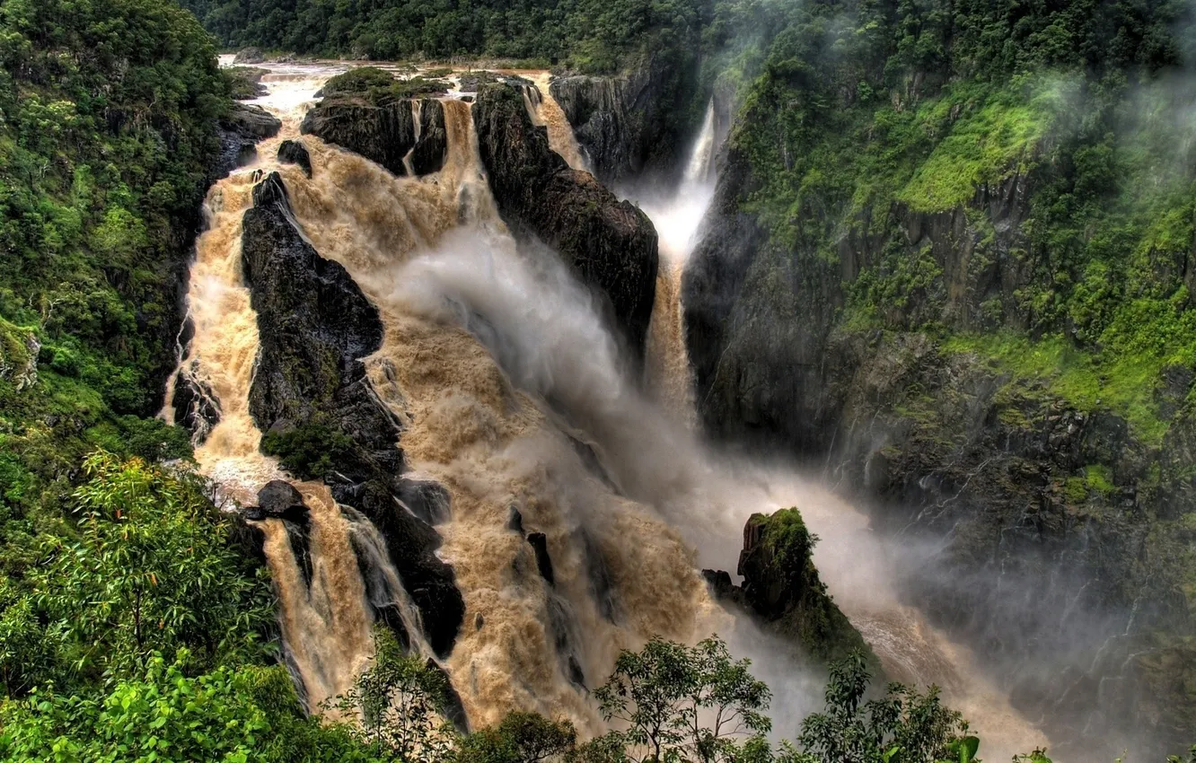 Photo wallpaper rock, waterfall, jungle