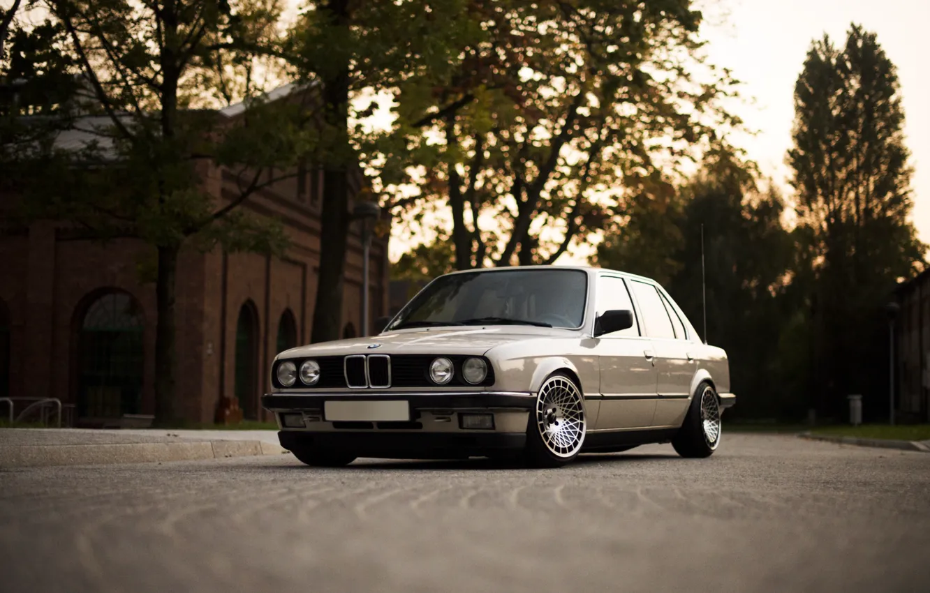 Photo wallpaper The evening, Road, Grass, Trees, BMW, Building, Cars, Tuning