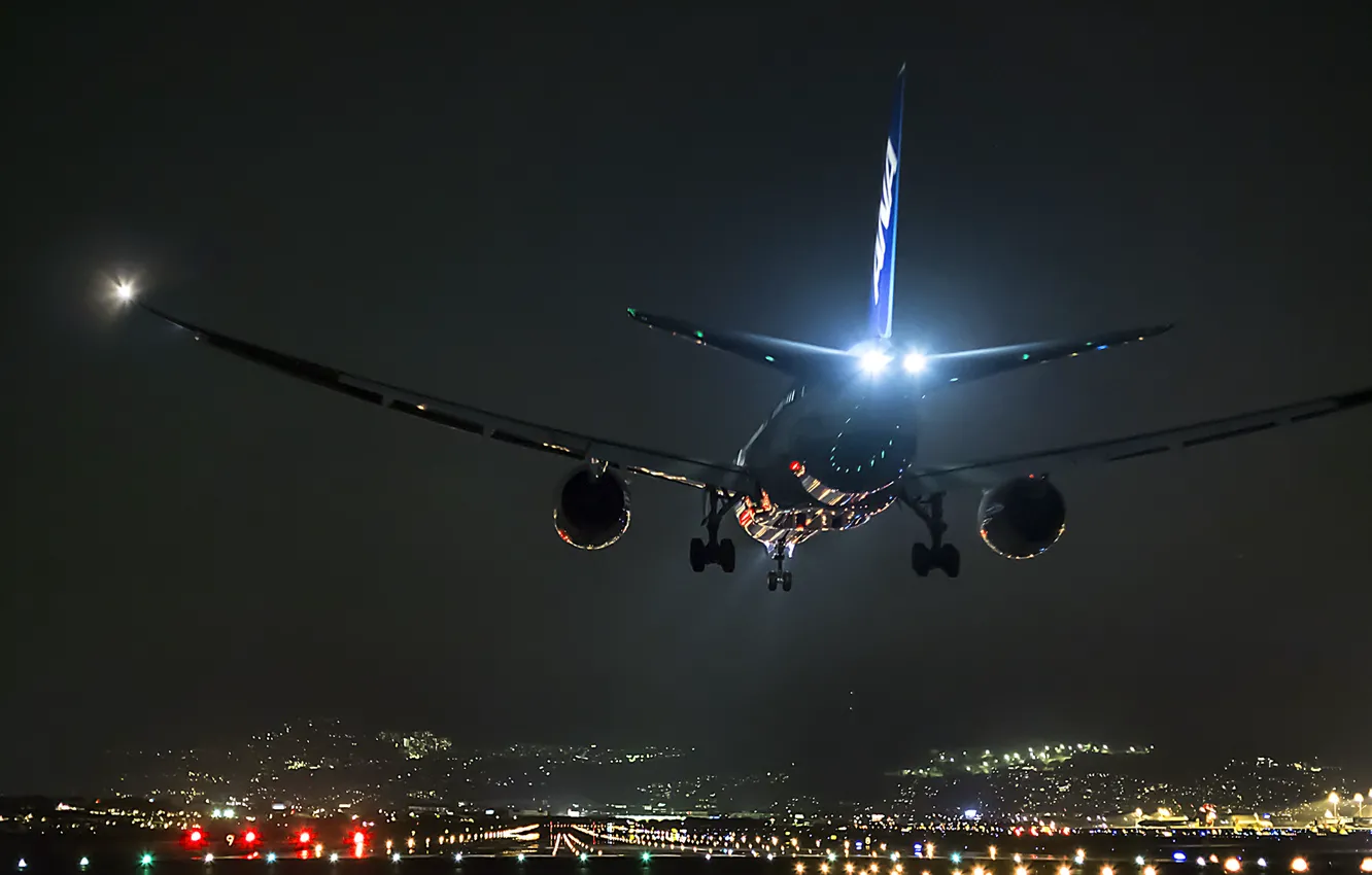 Photo wallpaper night, the plane, Japan, airport, Osaka, Boeing 747