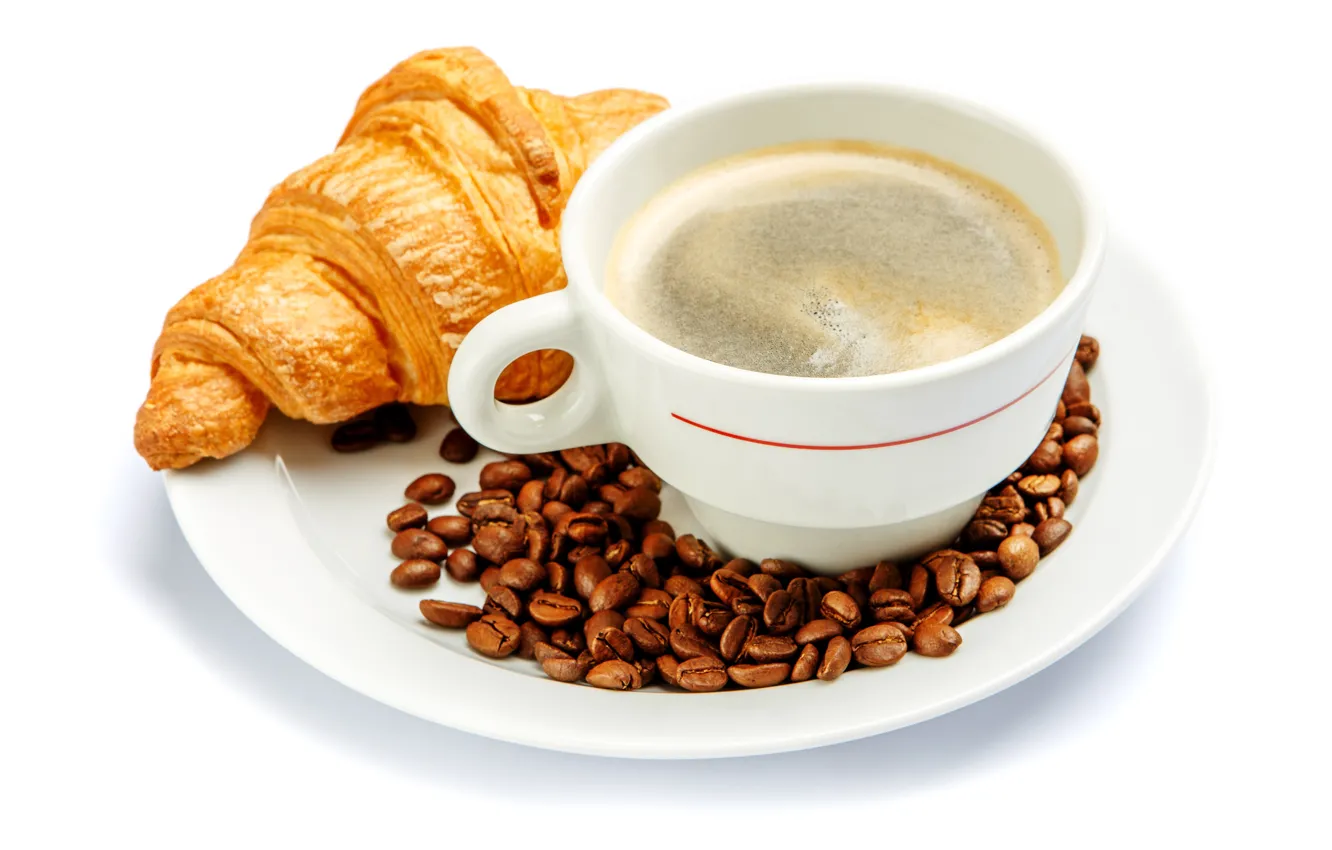 Photo wallpaper coffee, Cup, white background, drink, saucer, grain, croissant