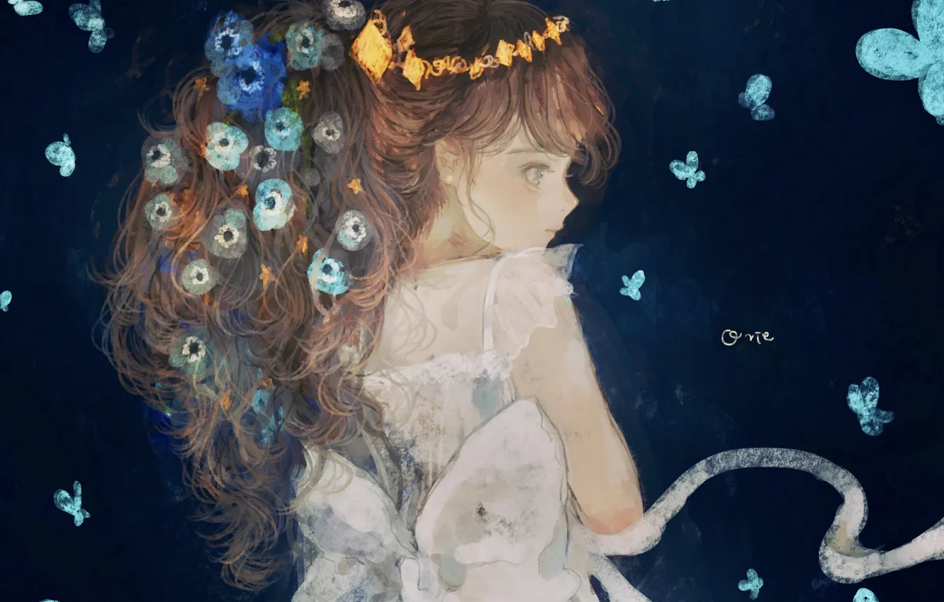 Photo wallpaper butterfly, girl, forget-me-nots