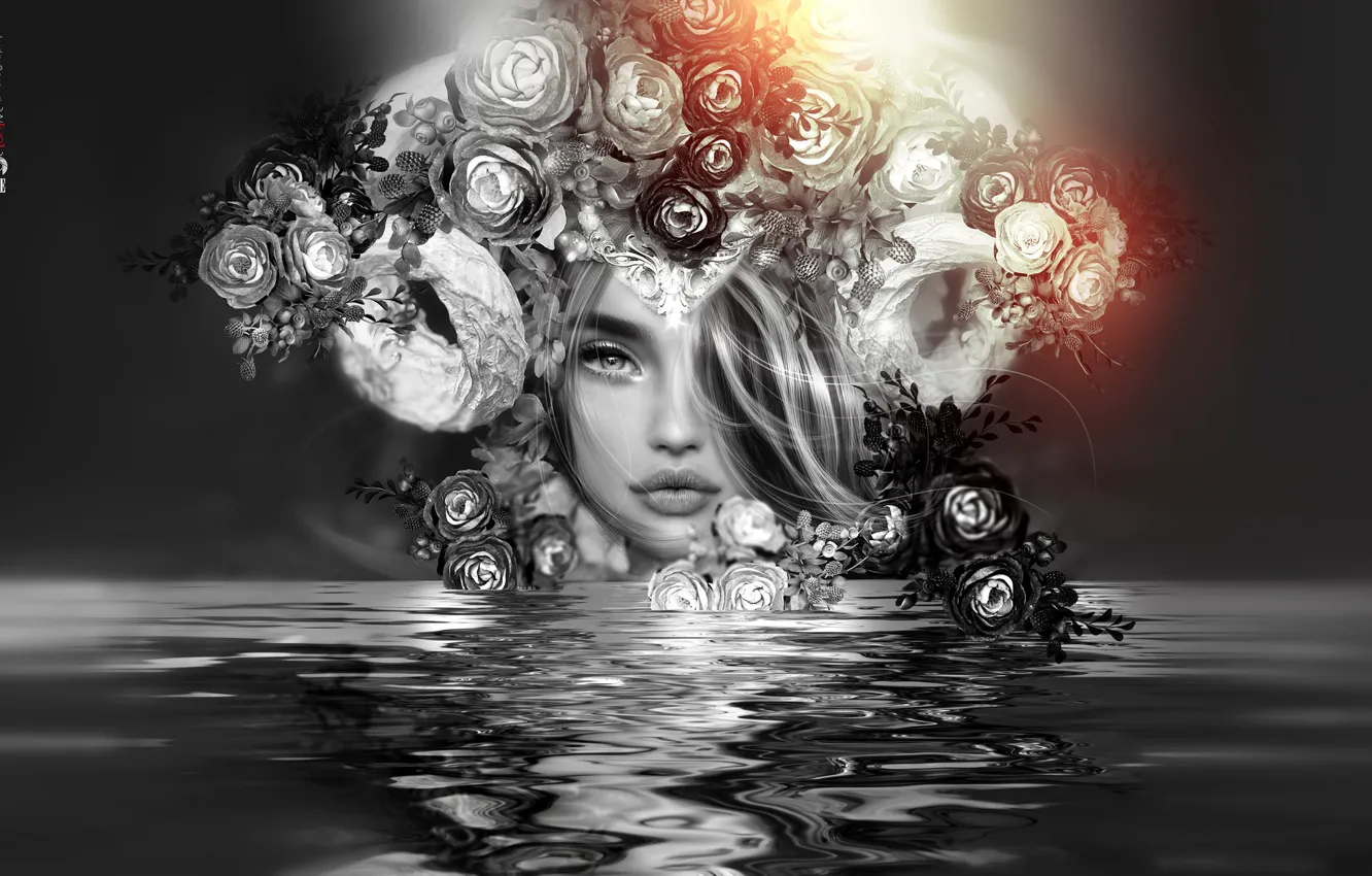 Photo wallpaper water, girl, flowers, face, reflection, wreath