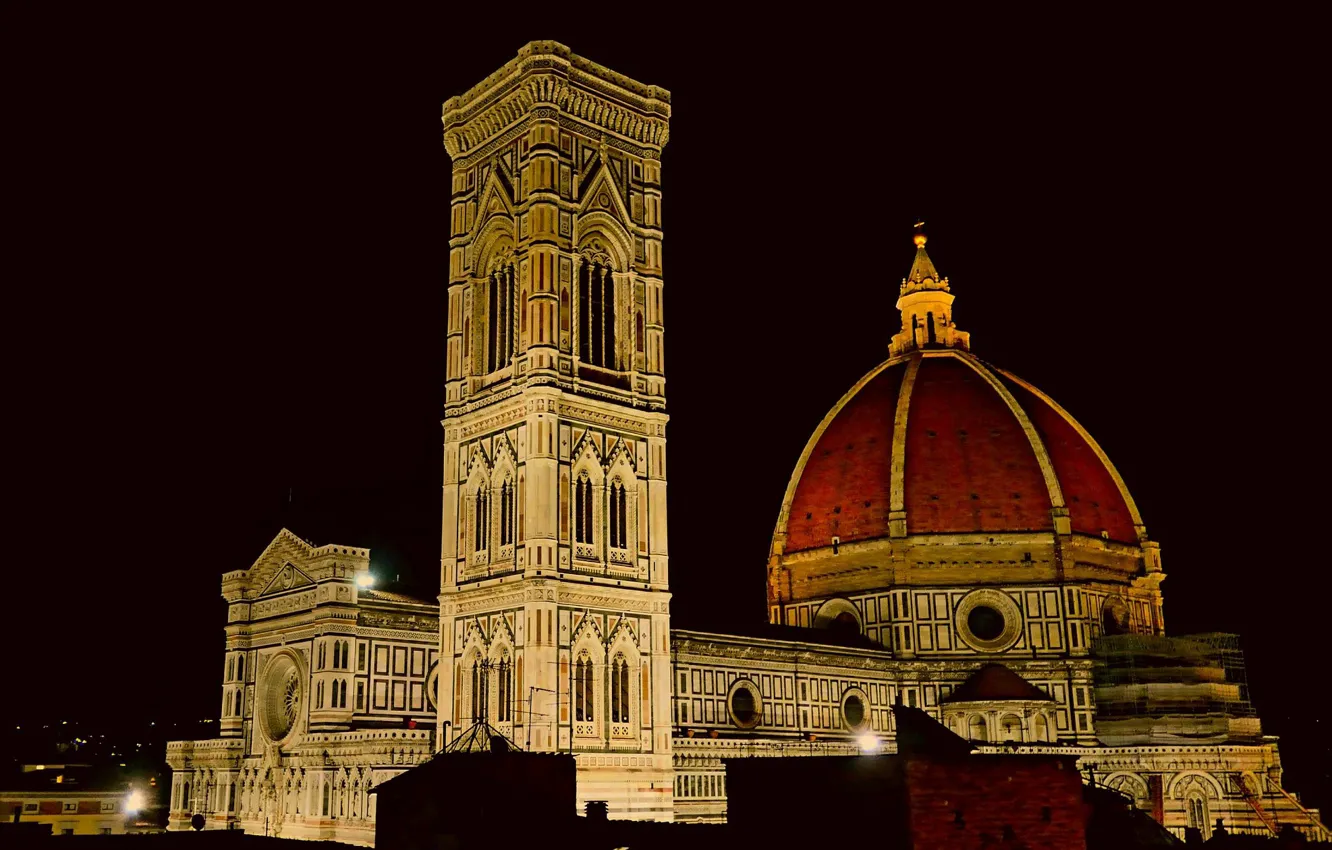 Photo wallpaper night, Italy, Florence, the bell tower, The Cathedral of Santa Maria del Fiore