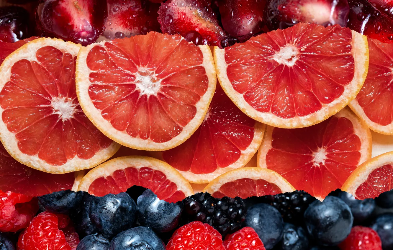 Photo wallpaper berries, grapefruit, pomegranate grains