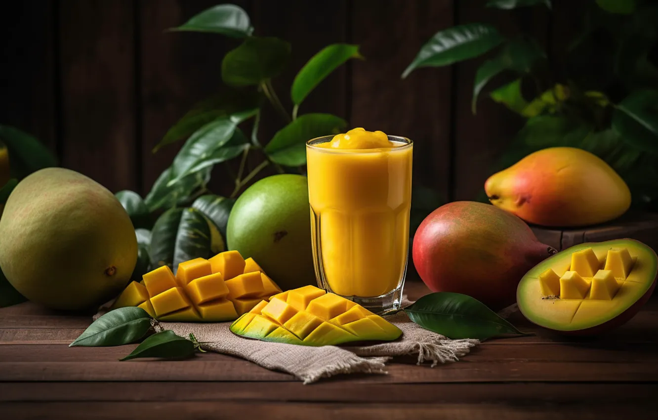 Photo wallpaper leaves, glass, table, Board, juice, mango, digital art, smoothies