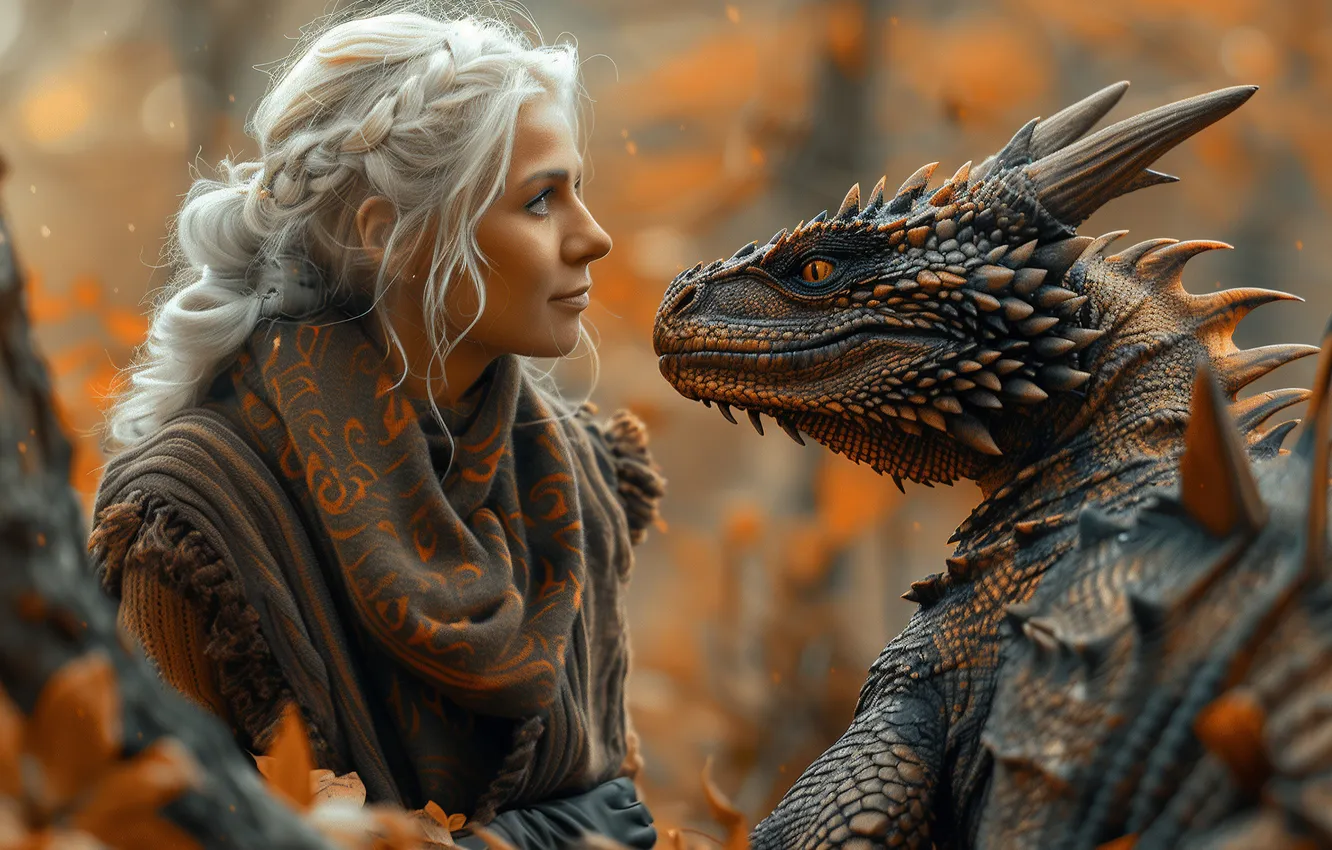 Photo wallpaper autumn, girl, nature, dragon, fantasy, hairstyle, blonde, profile