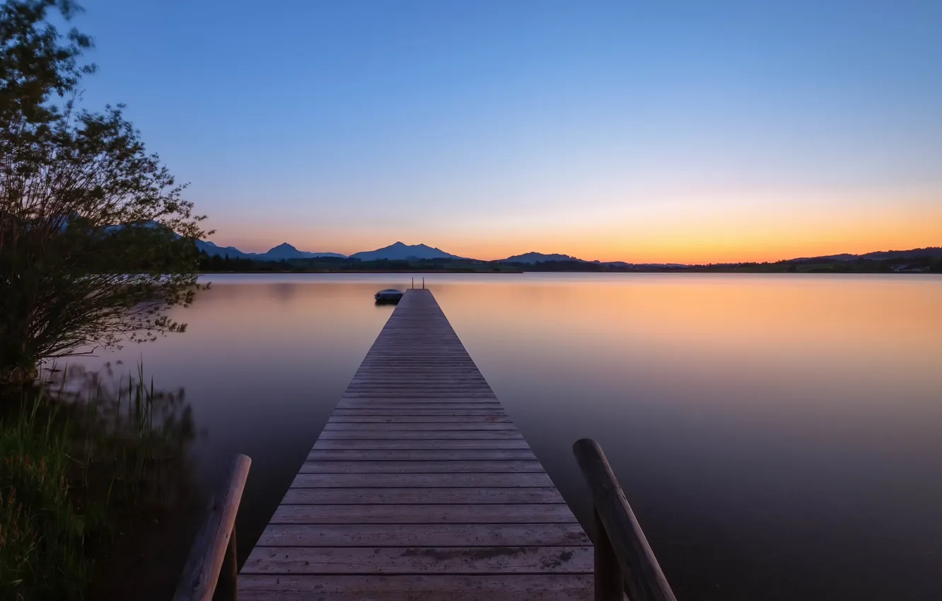 Photo wallpaper forest, the sky, landscape, sunset, mountains, nature, lake, boat