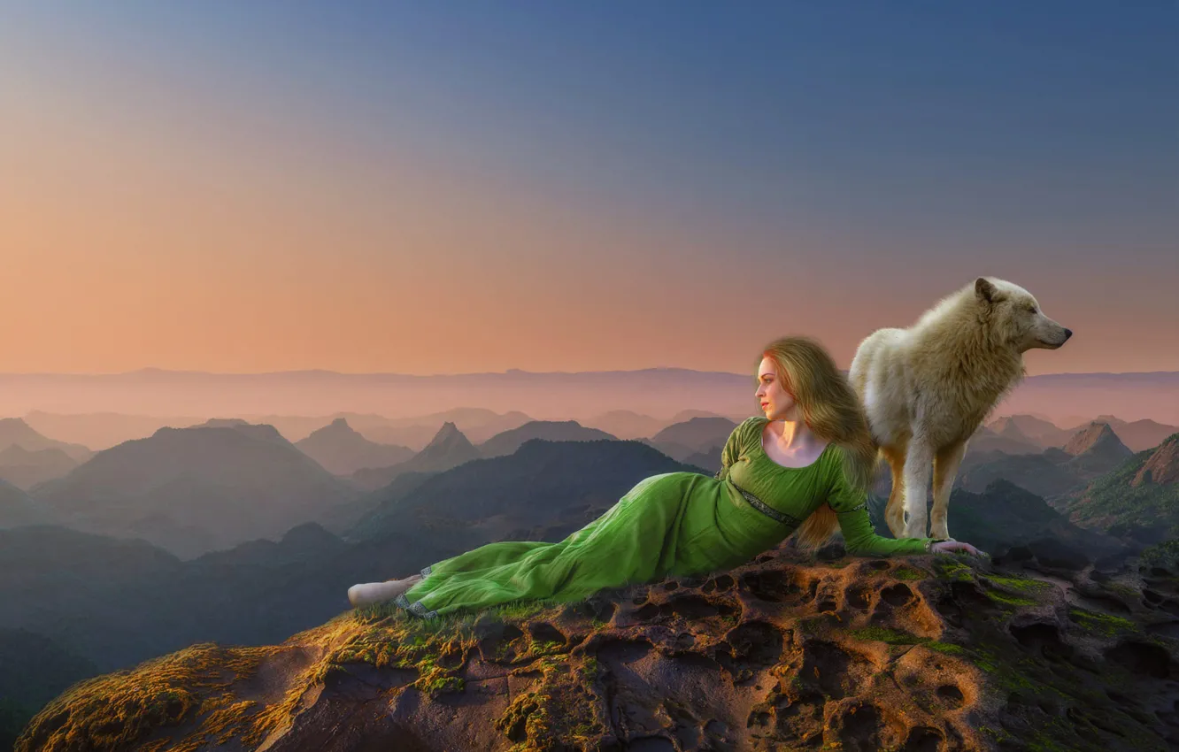 Photo wallpaper white, girl, mountains, fog, stones, rocks, height, wolf