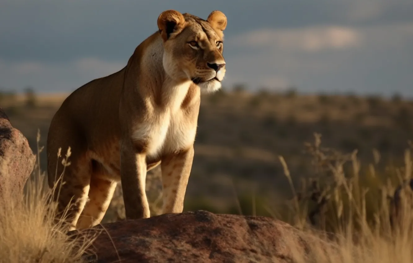 Photo wallpaper Look, Lioness, Africa, Savannah, Digital art, Big cat, Predator, AI art