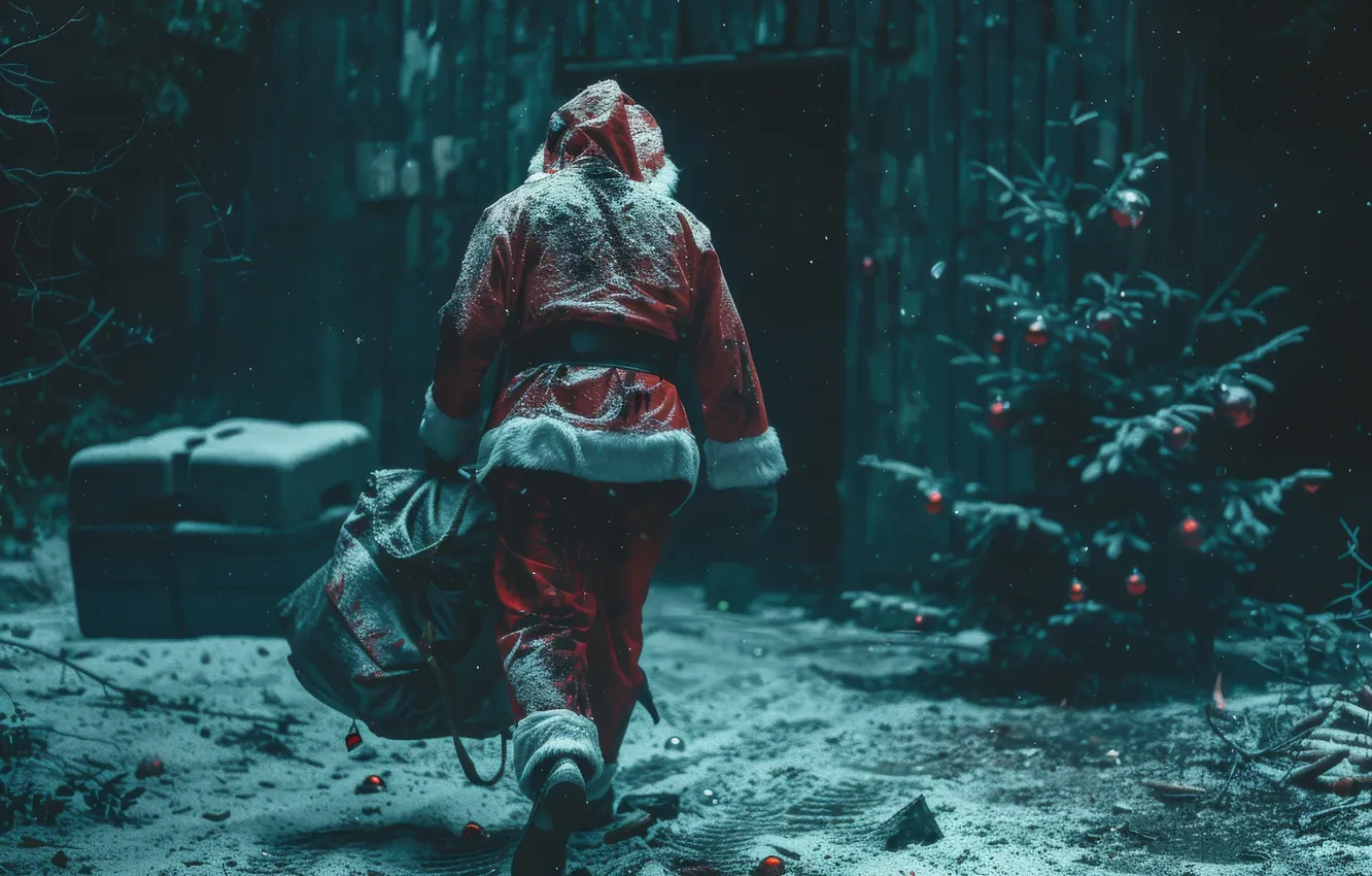 Photo wallpaper snow, tree, new year, home, Christmas, Santa Claus, Christmas tree, digital art