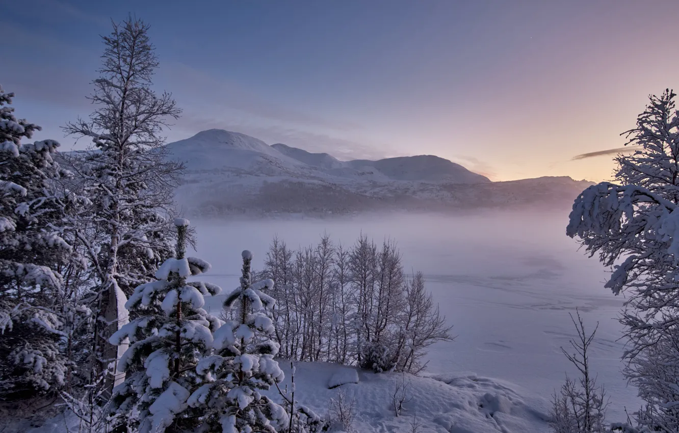 Photo wallpaper winter, snow, trees, mountains, lake, Norway, Norway, Møre and Romsdal