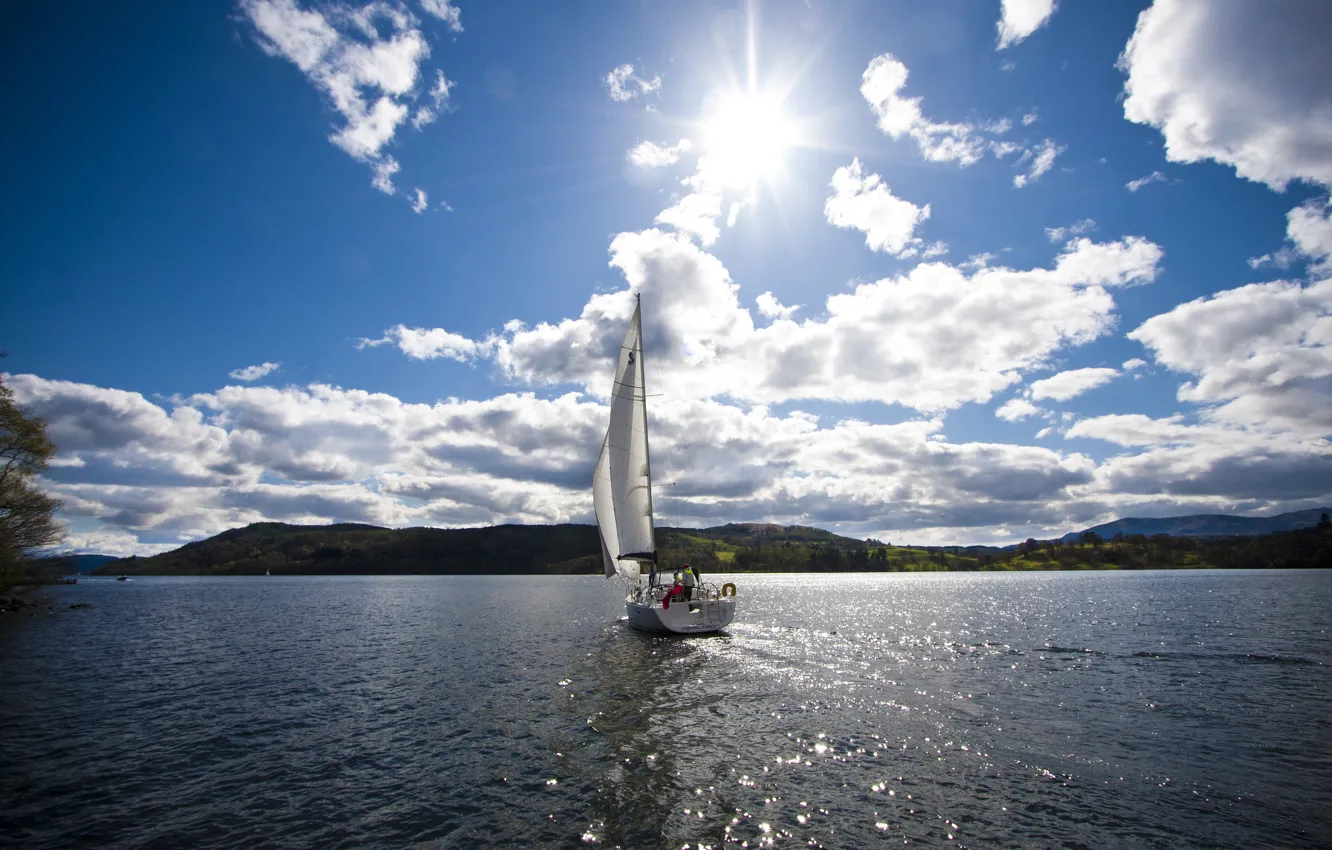 Photo wallpaper the sun, clouds, lake, stay, yacht