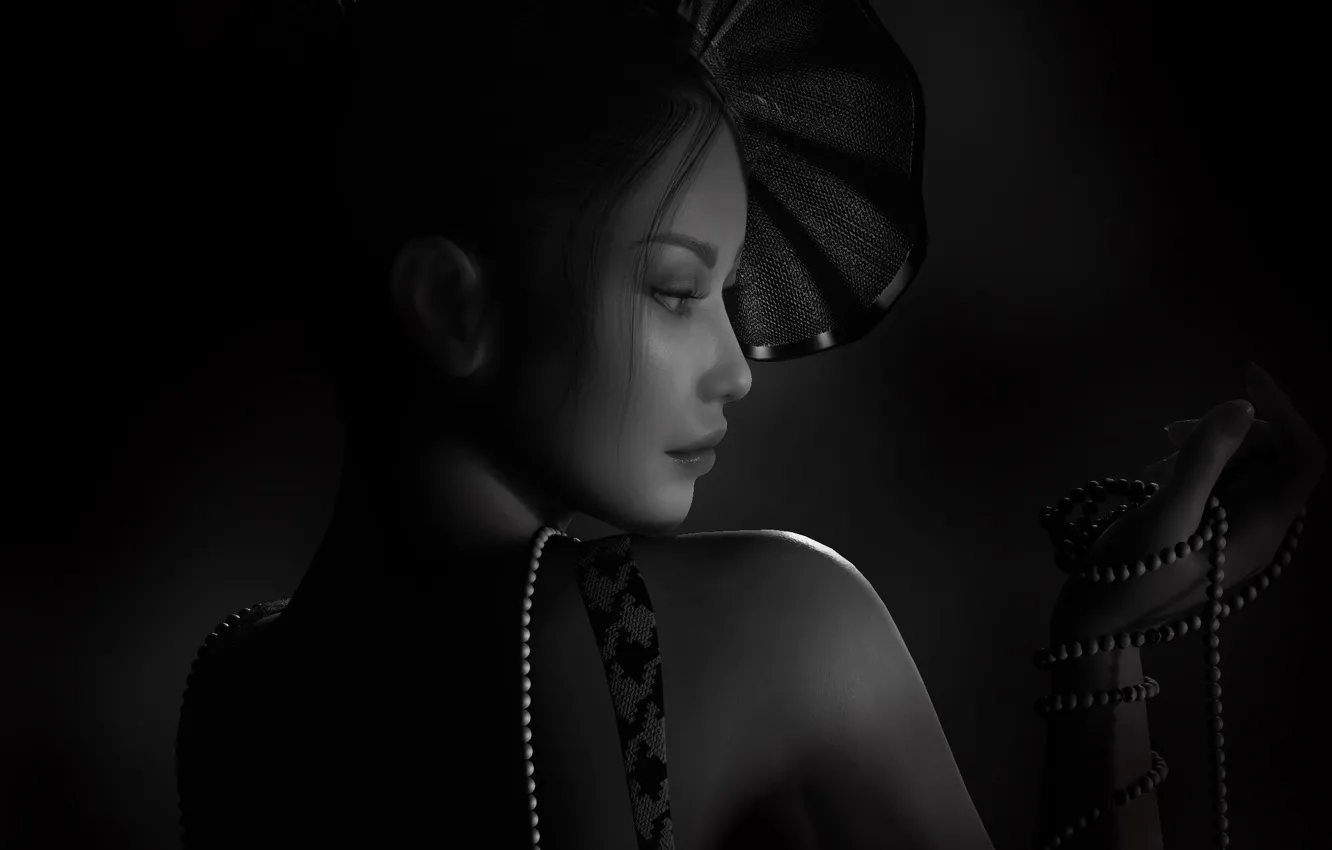 Photo wallpaper look, girl, rendering, beads, profile, black and white, hat