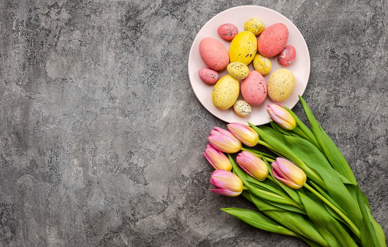 Photo wallpaper flowers, eggs, spring, colorful, Easter, tulips, yellow, pink