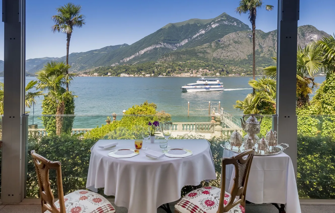 Photo wallpaper mountains, palm trees, coast, the hotel, promenade, terrace, Bellagio, lake Como