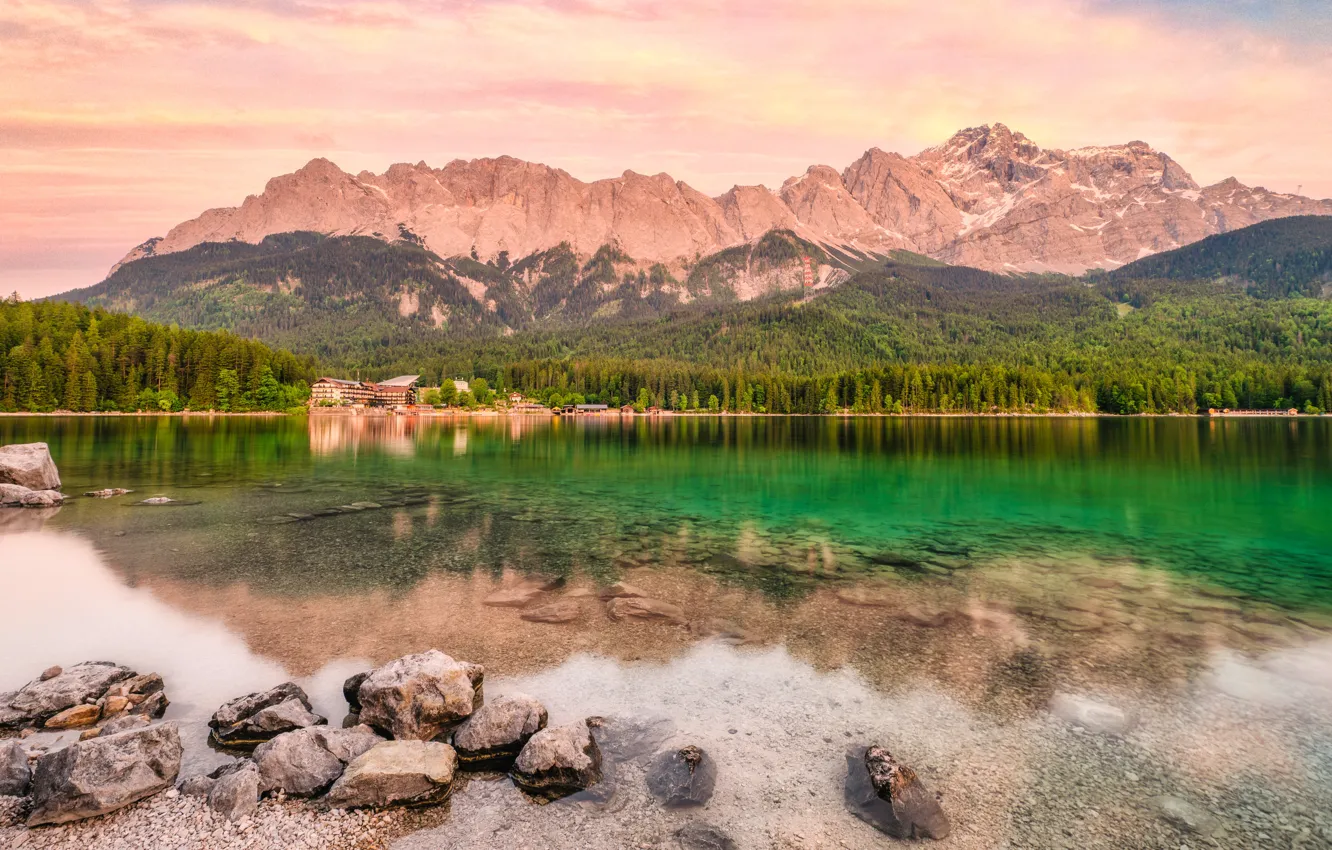Photo wallpaper forest, mountains, lake, reflection, stones, shore, tops, building