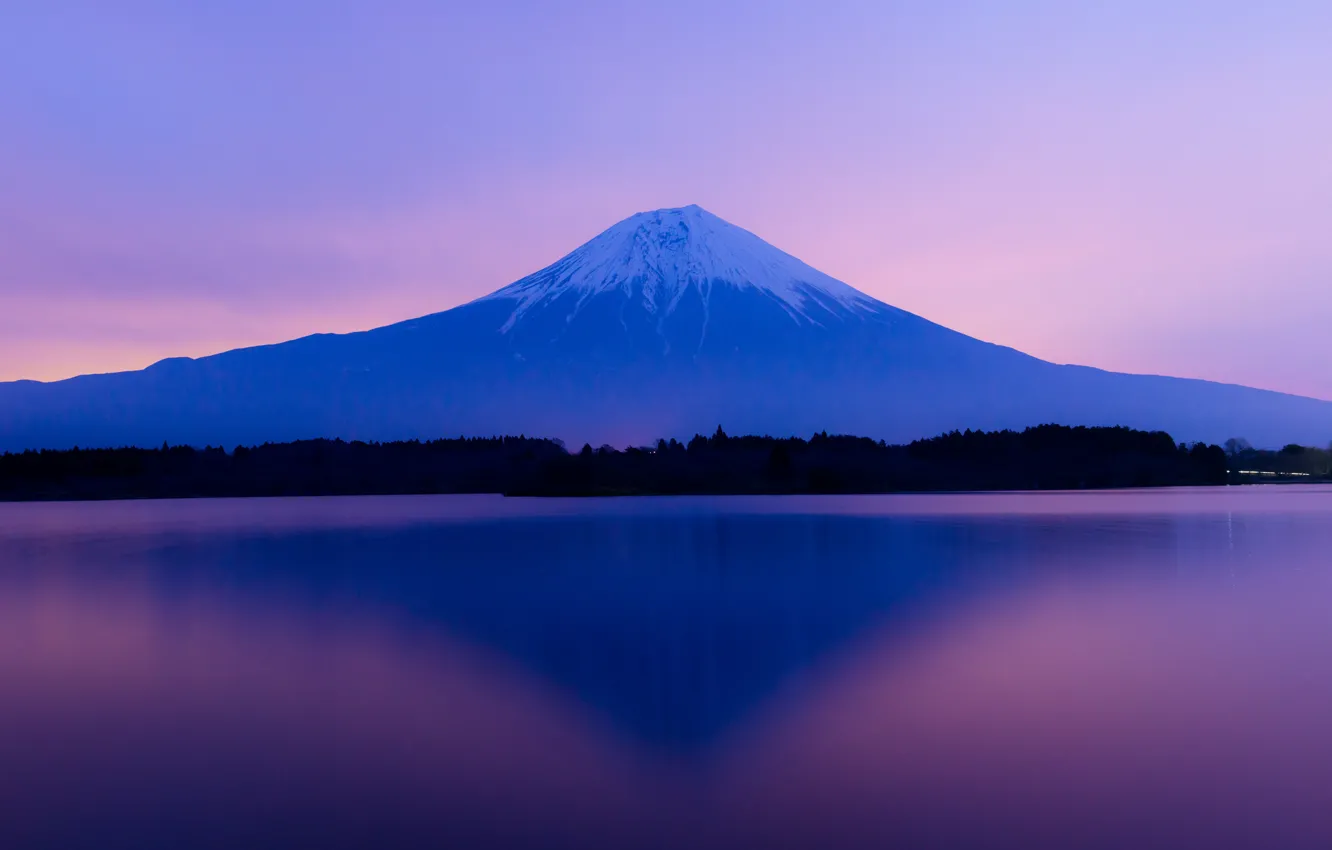 Photo wallpaper the sky, trees, sunset, lake, Japan, mount Fuji