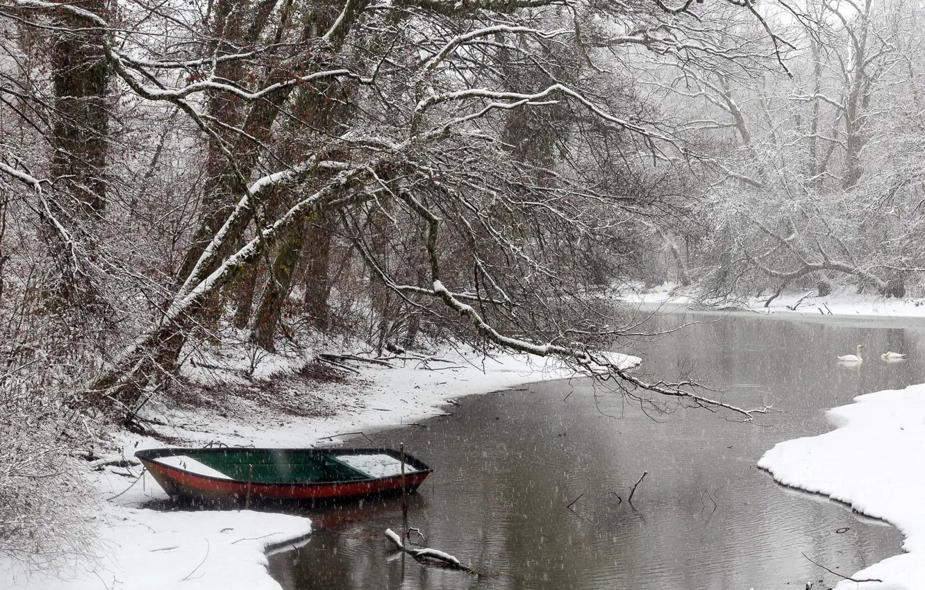 Photo wallpaper winter, snow, river, boat